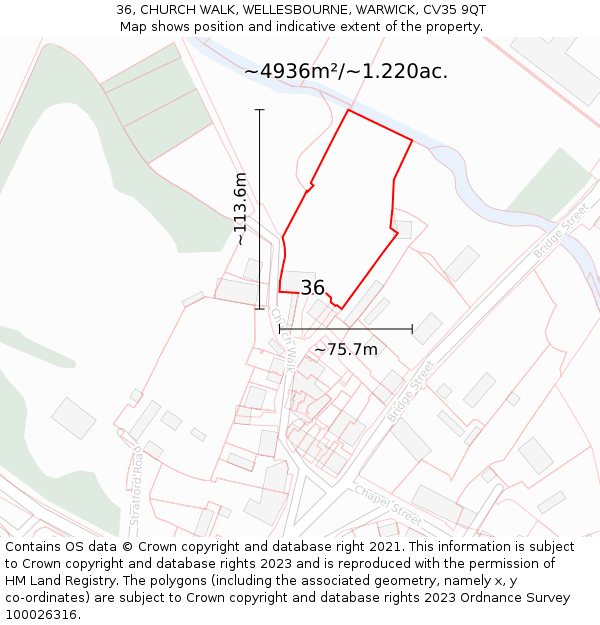36, CHURCH WALK, WELLESBOURNE, WARWICK, CV35 9QT: Plot and title map