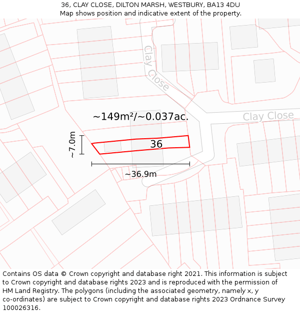 36, CLAY CLOSE, DILTON MARSH, WESTBURY, BA13 4DU: Plot and title map