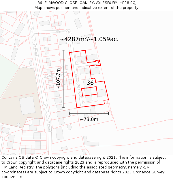 36, ELMWOOD CLOSE, OAKLEY, AYLESBURY, HP18 9QJ: Plot and title map