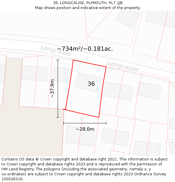 36, LONGCAUSE, PLYMOUTH, PL7 1JB: Plot and title map