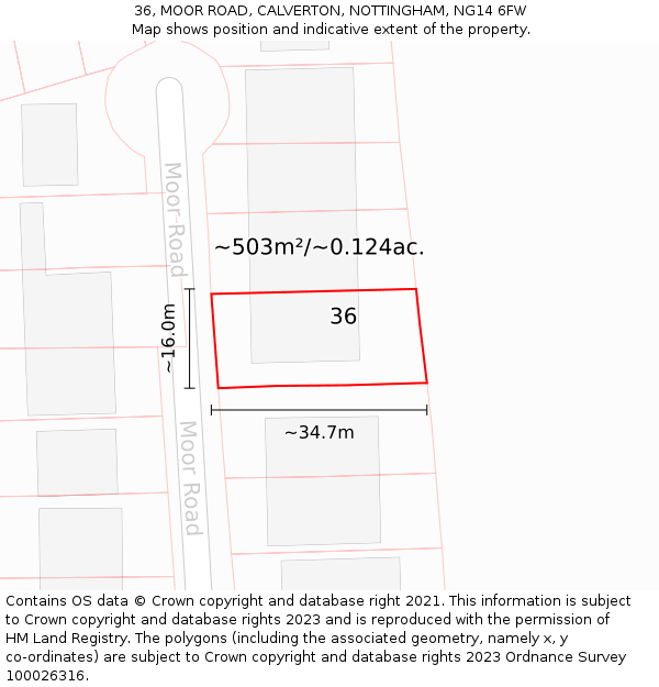 36, MOOR ROAD, CALVERTON, NOTTINGHAM, NG14 6FW: Plot and title map