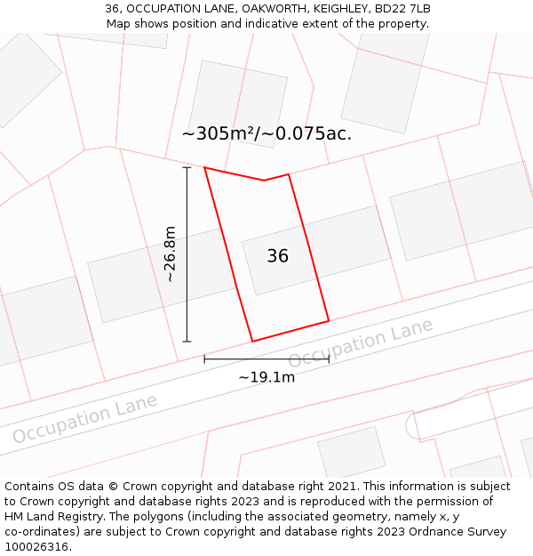 36, OCCUPATION LANE, OAKWORTH, KEIGHLEY, BD22 7LB: Plot and title map