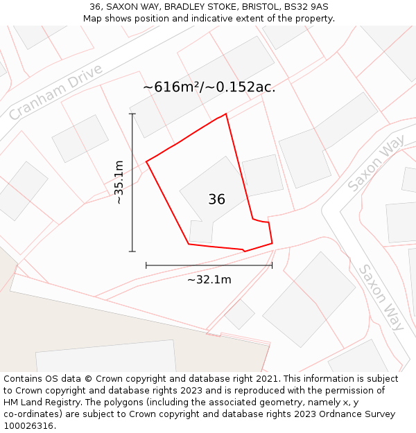 36, SAXON WAY, BRADLEY STOKE, BRISTOL, BS32 9AS: Plot and title map