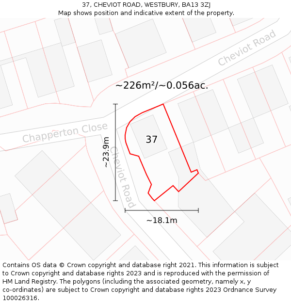 37, CHEVIOT ROAD, WESTBURY, BA13 3ZJ: Plot and title map