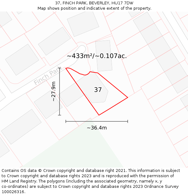 37, FINCH PARK, BEVERLEY, HU17 7DW: Plot and title map