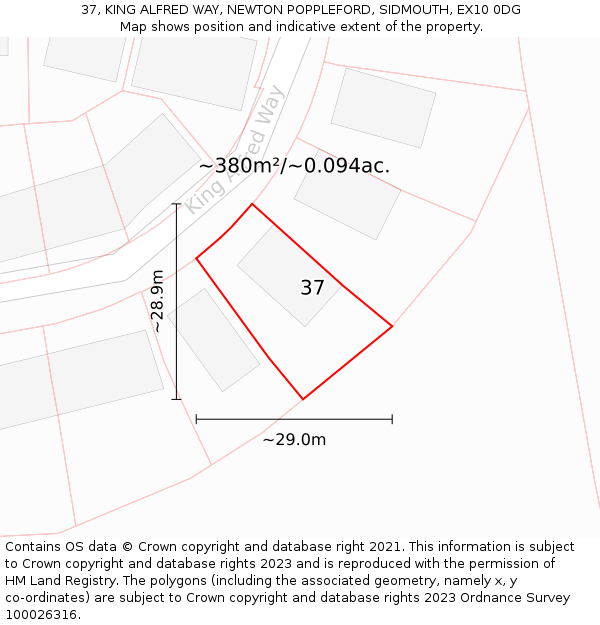 37, KING ALFRED WAY, NEWTON POPPLEFORD, SIDMOUTH, EX10 0DG: Plot and title map