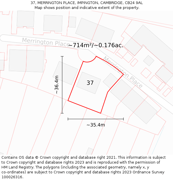 37, MERRINGTON PLACE, IMPINGTON, CAMBRIDGE, CB24 9AL: Plot and title map