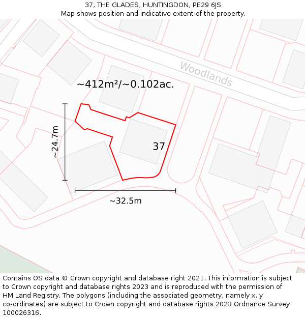 37, THE GLADES, HUNTINGDON, PE29 6JS: Plot and title map