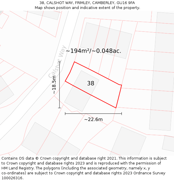 38, CALSHOT WAY, FRIMLEY, CAMBERLEY, GU16 9FA: Plot and title map