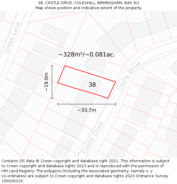 38, CASTLE DRIVE, COLESHILL, BIRMINGHAM, B46 3LY: Plot and title map