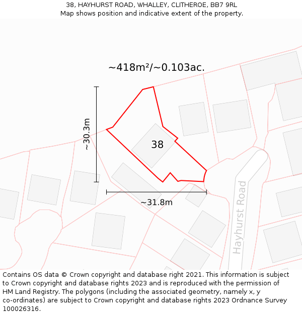 38, HAYHURST ROAD, WHALLEY, CLITHEROE, BB7 9RL: Plot and title map