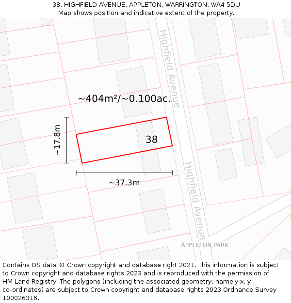 38, HIGHFIELD AVENUE, APPLETON, WARRINGTON, WA4 5DU: Plot and title map