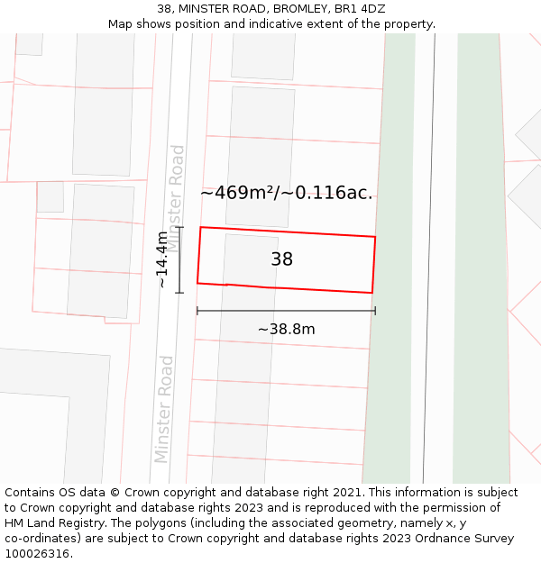 38, MINSTER ROAD, BROMLEY, BR1 4DZ: Plot and title map