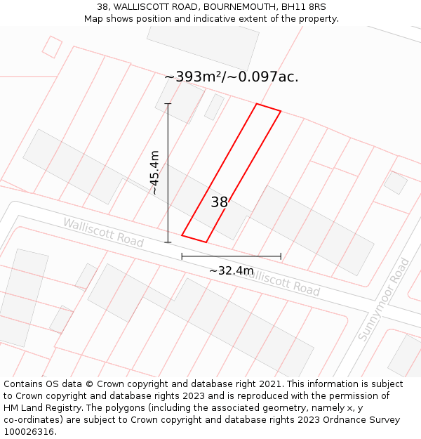 38, WALLISCOTT ROAD, BOURNEMOUTH, BH11 8RS: Plot and title map