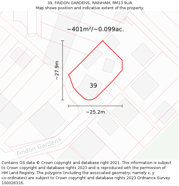 39, FINDON GARDENS, RAINHAM, RM13 9UA: Plot and title map