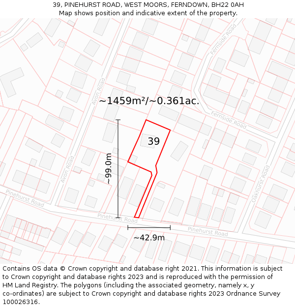 39, PINEHURST ROAD, WEST MOORS, FERNDOWN, BH22 0AH: Plot and title map