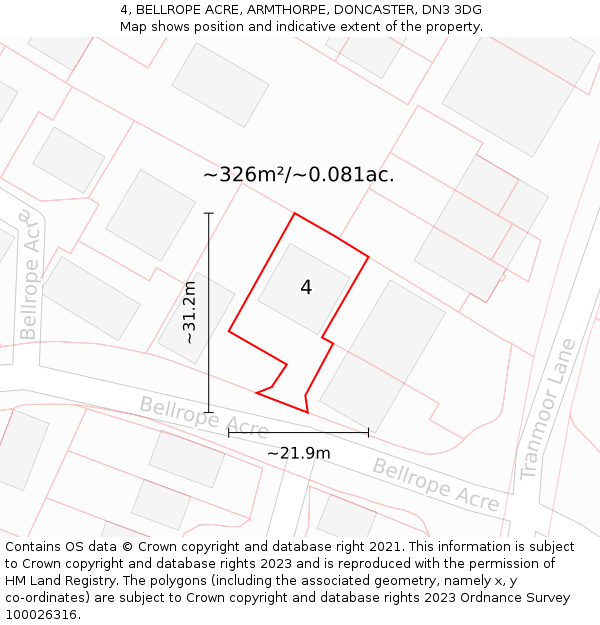 4, BELLROPE ACRE, ARMTHORPE, DONCASTER, DN3 3DG: Plot and title map