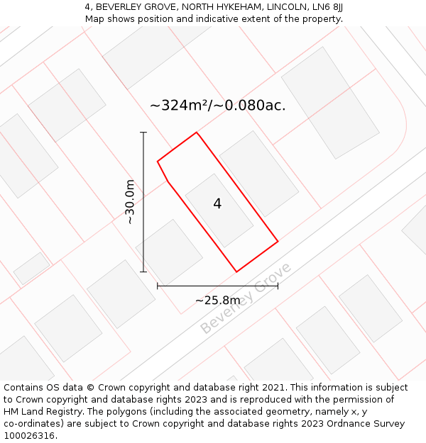 4, BEVERLEY GROVE, NORTH HYKEHAM, LINCOLN, LN6 8JJ: Plot and title map