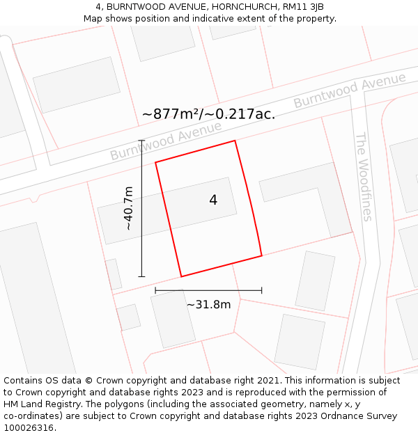 4, BURNTWOOD AVENUE, HORNCHURCH, RM11 3JB: Plot and title map