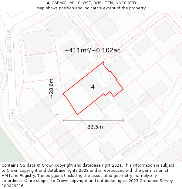 4, CARMICHAEL CLOSE, RUSHDEN, NN10 0ZB: Plot and title map