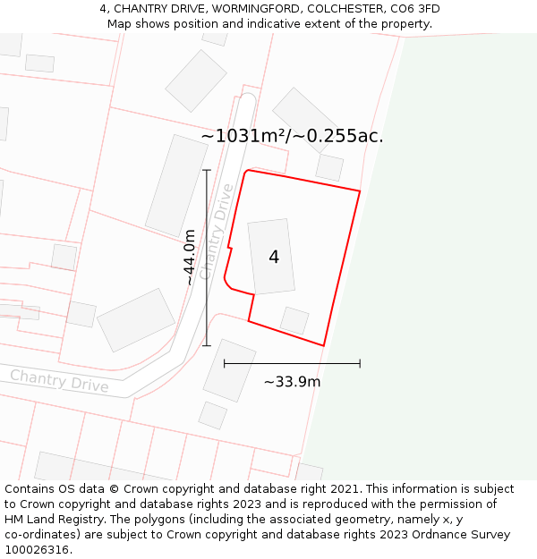 4, CHANTRY DRIVE, WORMINGFORD, COLCHESTER, CO6 3FD: Plot and title map