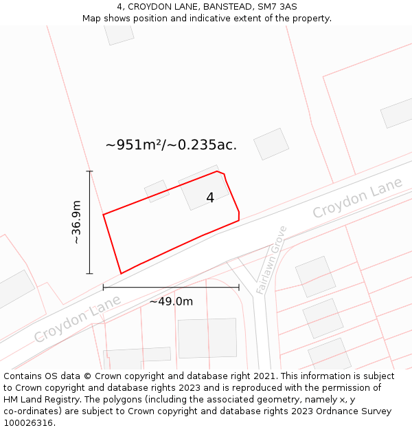 4, CROYDON LANE, BANSTEAD, SM7 3AS: Plot and title map