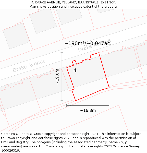 4, DRAKE AVENUE, YELLAND, BARNSTAPLE, EX31 3GN: Plot and title map