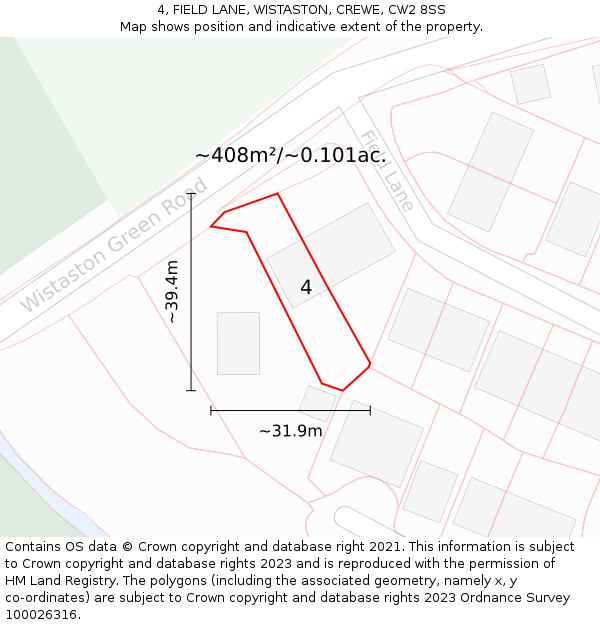 4, FIELD LANE, WISTASTON, CREWE, CW2 8SS: Plot and title map