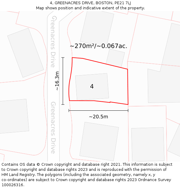 4, GREENACRES DRIVE, BOSTON, PE21 7LJ: Plot and title map