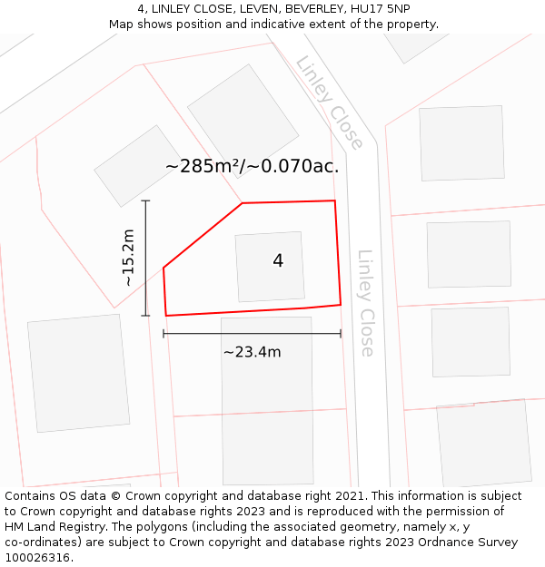 4, LINLEY CLOSE, LEVEN, BEVERLEY, HU17 5NP: Plot and title map