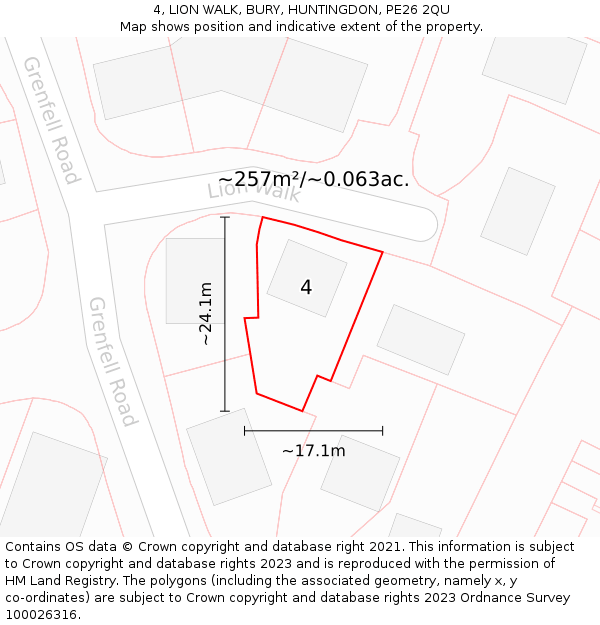 4, LION WALK, BURY, HUNTINGDON, PE26 2QU: Plot and title map