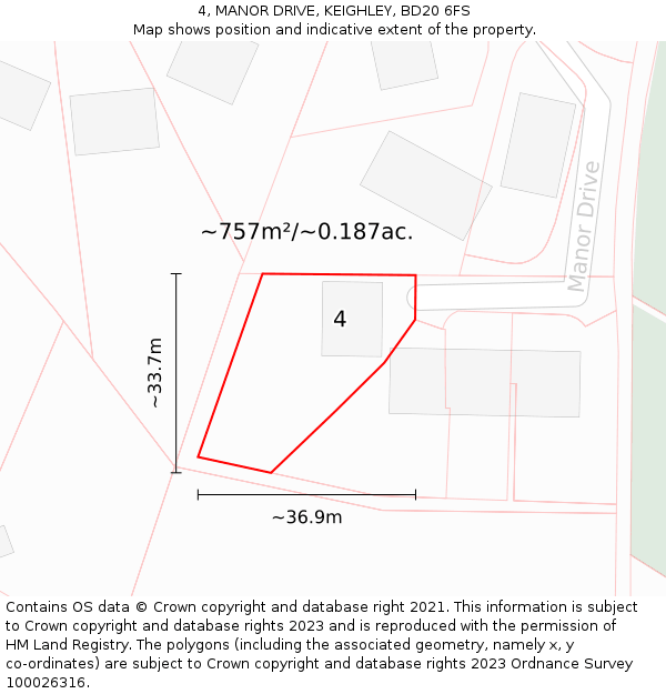 4, MANOR DRIVE, KEIGHLEY, BD20 6FS: Plot and title map