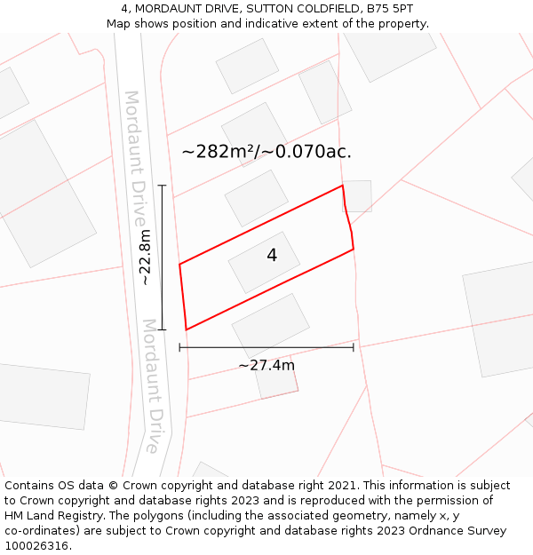 4, MORDAUNT DRIVE, SUTTON COLDFIELD, B75 5PT: Plot and title map