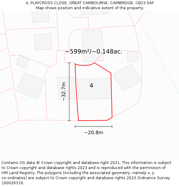 4, PLAYCROSS CLOSE, GREAT CAMBOURNE, CAMBRIDGE, CB23 5AF: Plot and title map