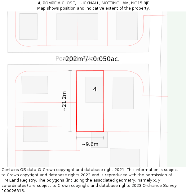 4, POMPEIA CLOSE, HUCKNALL, NOTTINGHAM, NG15 8JF: Plot and title map