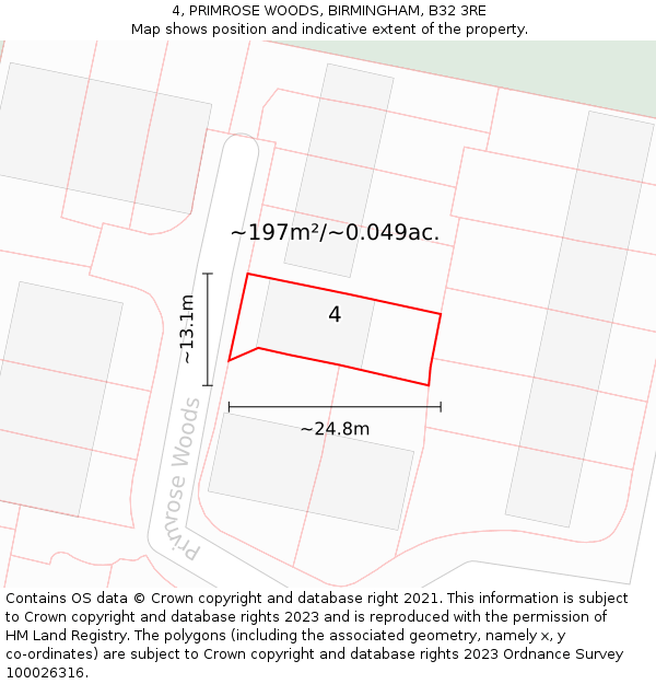 4, PRIMROSE WOODS, BIRMINGHAM, B32 3RE: Plot and title map