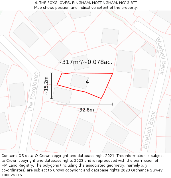 4, THE FOXGLOVES, BINGHAM, NOTTINGHAM, NG13 8TT: Plot and title map