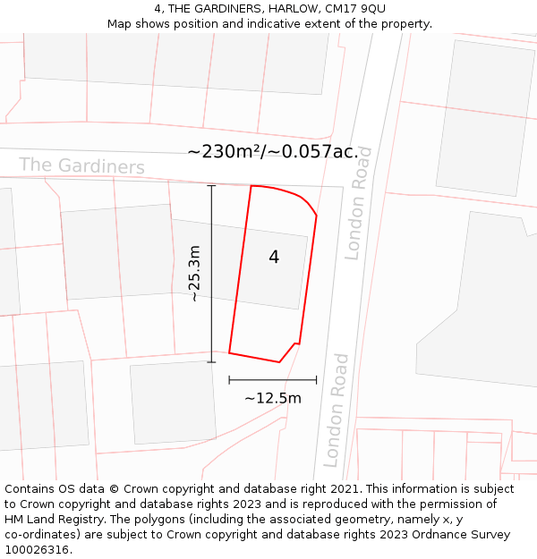 4, THE GARDINERS, HARLOW, CM17 9QU: Plot and title map