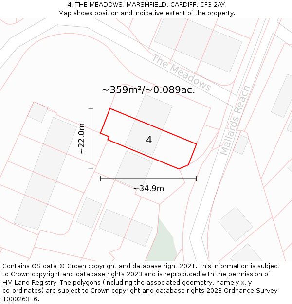 4, THE MEADOWS, MARSHFIELD, CARDIFF, CF3 2AY: Plot and title map