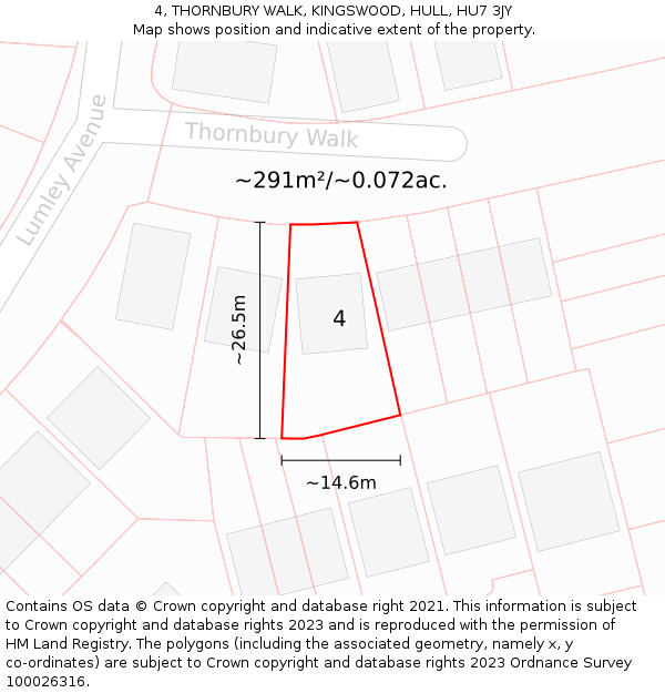 4, THORNBURY WALK, KINGSWOOD, HULL, HU7 3JY: Plot and title map