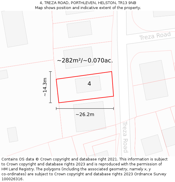 4, TREZA ROAD, PORTHLEVEN, HELSTON, TR13 9NB: Plot and title map