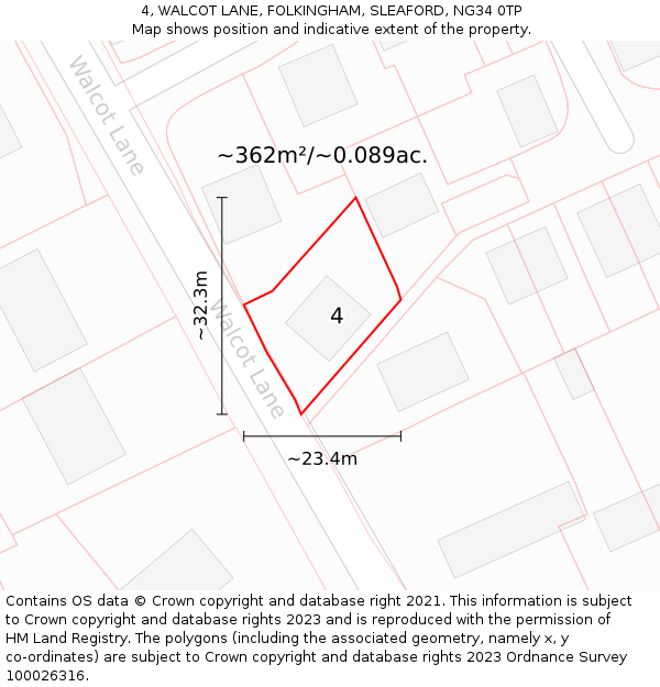 4, WALCOT LANE, FOLKINGHAM, SLEAFORD, NG34 0TP: Plot and title map