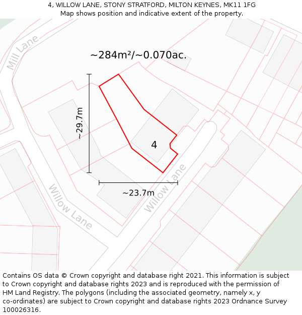 4, WILLOW LANE, STONY STRATFORD, MILTON KEYNES, MK11 1FG: Plot and title map