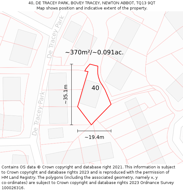 40, DE TRACEY PARK, BOVEY TRACEY, NEWTON ABBOT, TQ13 9QT: Plot and title map