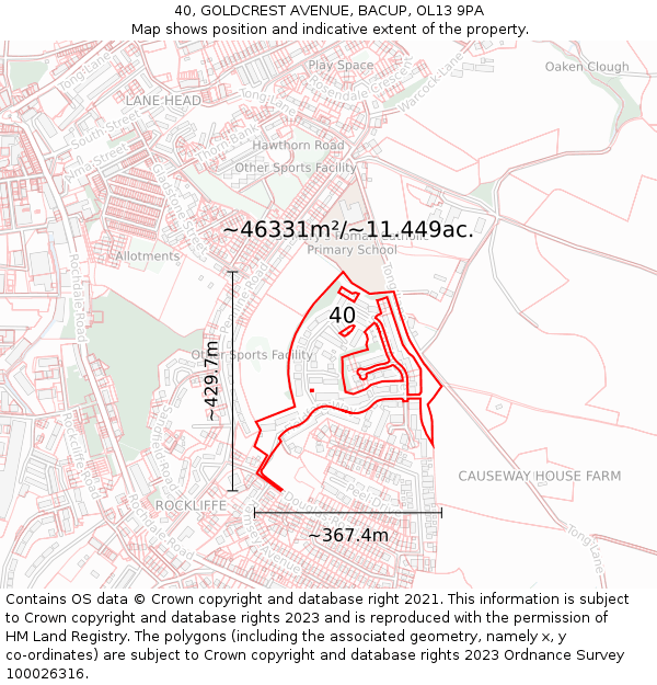 40, GOLDCREST AVENUE, BACUP, OL13 9PA: Plot and title map