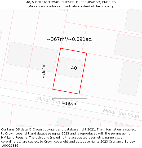 40, MIDDLETON ROAD, SHENFIELD, BRENTWOOD, CM15 8DJ: Plot and title map