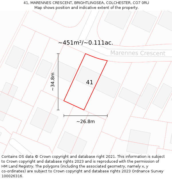 41, MARENNES CRESCENT, BRIGHTLINGSEA, COLCHESTER, CO7 0RU: Plot and title map