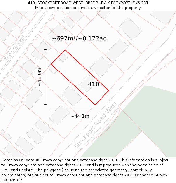 410, STOCKPORT ROAD WEST, BREDBURY, STOCKPORT, SK6 2DT: Plot and title map