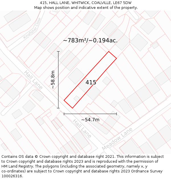 415, HALL LANE, WHITWICK, COALVILLE, LE67 5DW: Plot and title map