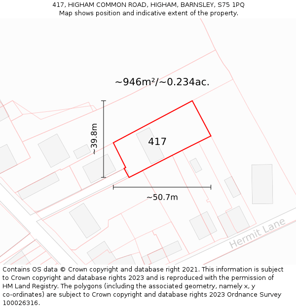 417, HIGHAM COMMON ROAD, HIGHAM, BARNSLEY, S75 1PQ: Plot and title map